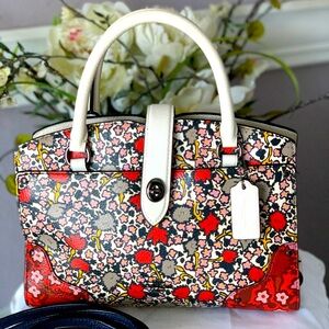 COACH Mercer Satchel Floral Print Handbag with Red Accents